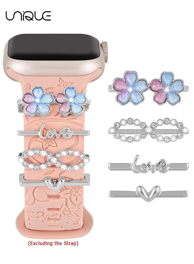 يونيك مجموعة 4 قطع من مشابك تزيين الساعة - زر زخرفي على شكل زهور ملونة - زر زخرفي على شكل قلب مرصع بالكريستال - متوافقة مع أحزمة ساعة آبل - 38 مم 40 مم 41 مم 42 مم 44 مم 45 مم 49 مم - لسلسلة iWatch Ultra 9 8 7 6 5 4 3 2 1 SE، خاتم زخرفي للساعة الذكية (بدون حزام) - Image 1