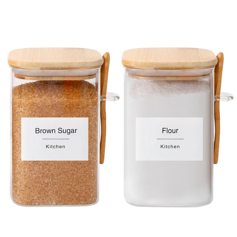 Flour and Sugar Containers  34 oz Glass Jar with Bamboo Lid and Spoon Sugar Holder and Canister for Countertop Glass Containers for Coffee Beans Tea Flour Nuts Candy and Cookie Set of 2