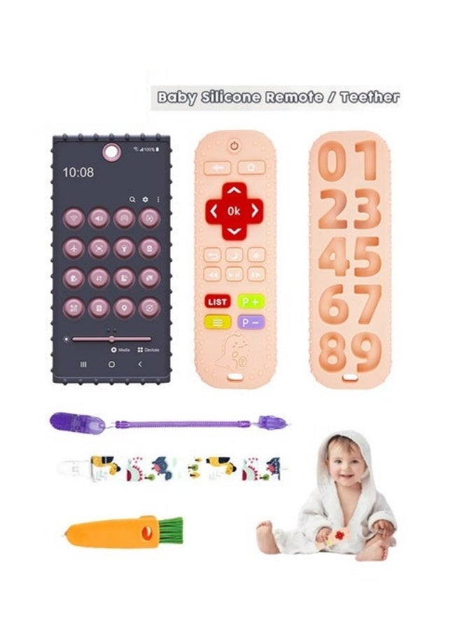 DOOKOO 2 Pack Silicone Baby Teething Toys, Remote Control + Phone Shape Infants Chew Toy With 2 Anti-loss Chain And One Cleaning Brush - Image 1