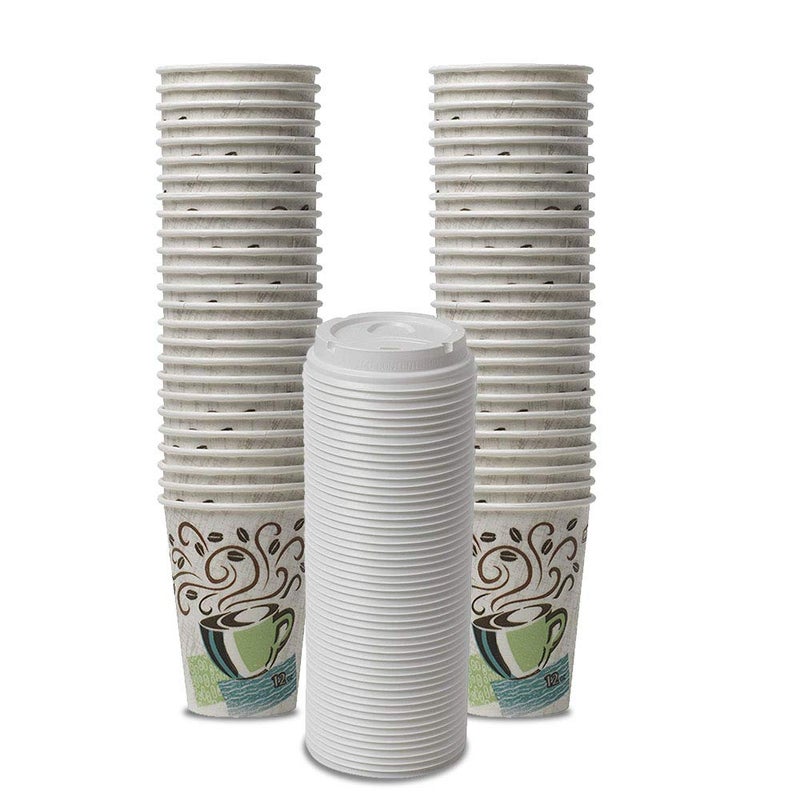 Dixie Dixie PerfecTouch WiseSize Coffee Design Insulated Paper Cup 12oz Cups and Lids Bundle 12 oz 50 Cups 50 Lids