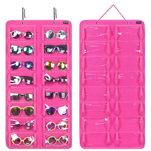 AROUY Sunglasses Organizer Storage, Hanging Dust Proof Wall Pocket Glasses Organizer - 16 Felt Slots Sunglass Organizer Holder with Metal Hook and Sturdy Rope (Dust Proof, Rose) - Image 1