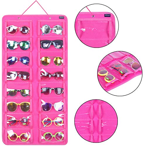 AROUY Sunglasses Organizer Storage, Hanging Dust Proof Wall Pocket Glasses Organizer - 16 Felt Slots Sunglass Organizer Holder with Metal Hook and Sturdy Rope (Dust Proof, Rose) - Image 2