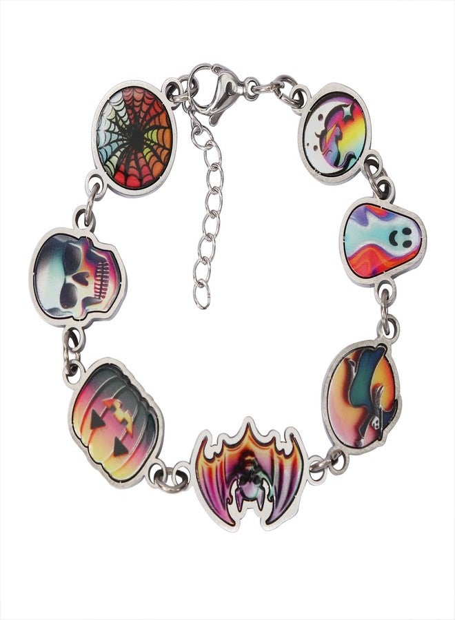 SENFAI Halloween Necklace Nightmare before Christmas Horror Party Charm Choker Necklace Pumpkin Ghost Bats Cat Spider Skull Coffin Eyeball Bracelets Colorful Skull Charm Stainless Steel Bracelet (Bracelet) - Image 1