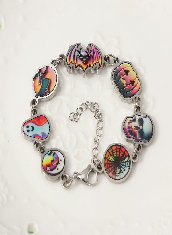 SENFAI Halloween Necklace Nightmare before Christmas Horror Party Charm Choker Necklace Pumpkin Ghost Bats Cat Spider Skull Coffin Eyeball Bracelets Colorful Skull Charm Stainless Steel Bracelet (Bracelet) - Image 4