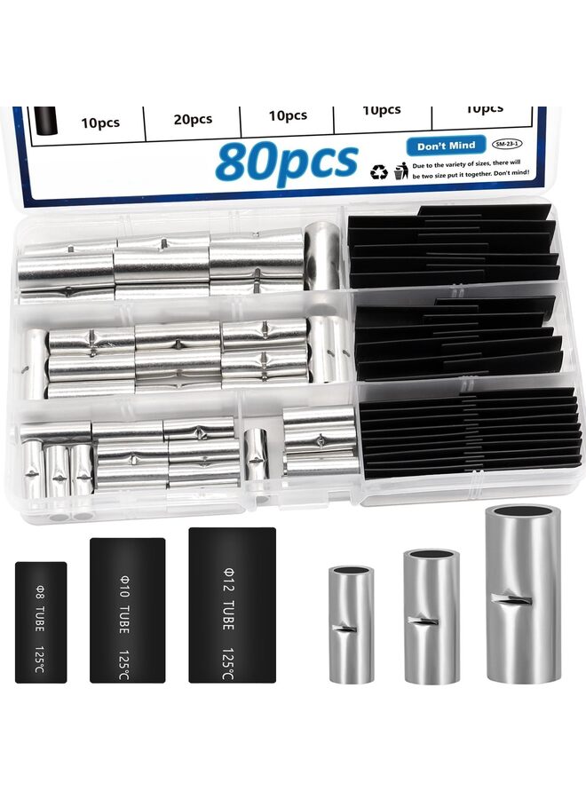80pcs 4/6/8AWG Non Insulated Butt Connectors Kit with Heat shrinkable Tube for Wiring AWG4/6/8 Pure Copper Butt Splice Connectors for Automotive, Marine and Industrial Applications - Image 1