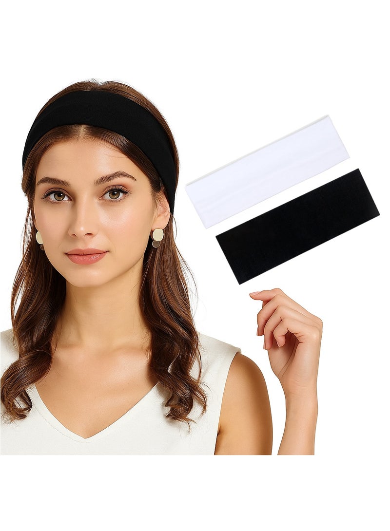 عصابات رأس للنساء والرجال، عبوة من قطعتين من عصابات الرأس الأنيقة باللونين الأبيض والأسود لشعر النساء، عصابات شعر ناعمة قابلة للتمدد من القماش للمكياج واليوغا والجري والرياضة - Image 1