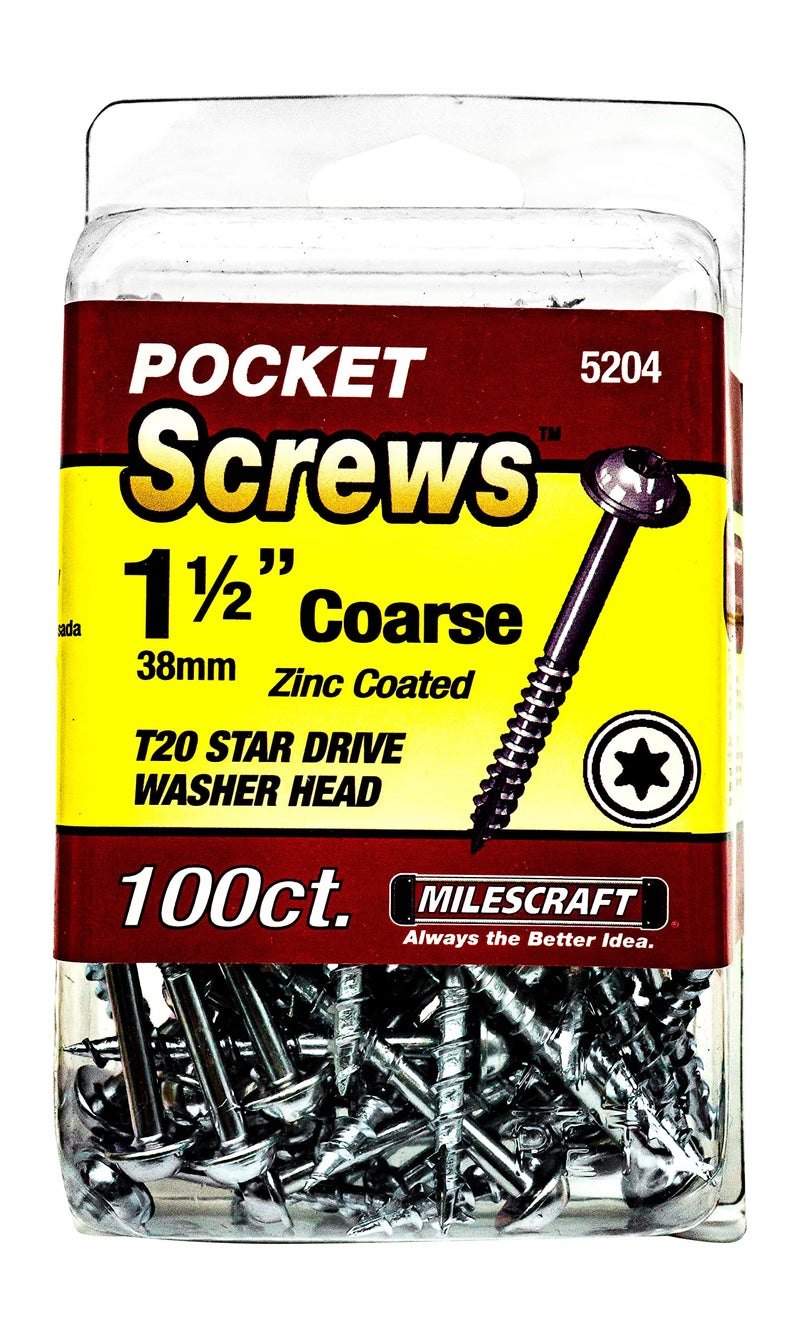 Milescraft 5204 Wood Pocket Hole Screws 7 x 112 Washer Head with Coarse Thread 100pc Torx Drive SelfTapping for Indoor Use