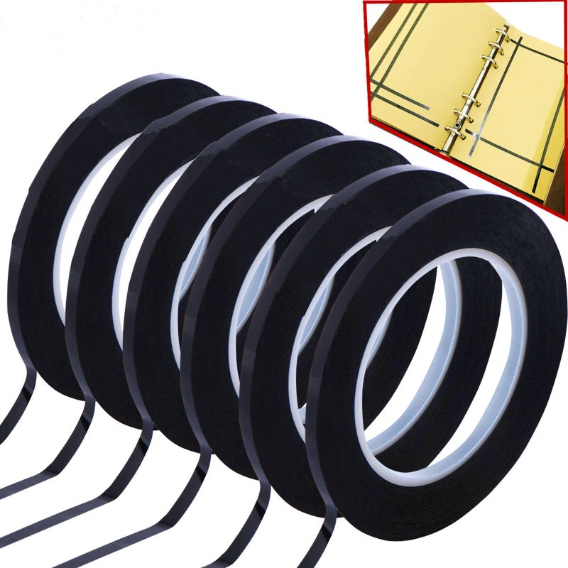 monochef 6pcs Lightning Whiteboard Pinstripe Tape Line, 108 Feet Feet Long per Roll, Dry Erase White Board Graphic Grid Marking Gridding Self Adhesive Artist Thin Pinstriping Tape Black (1/8 inch Width) - Image 1