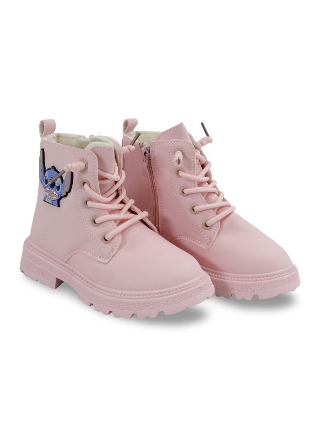 Girls Leather Half Boots – Pink with Stitch Design - Image 1