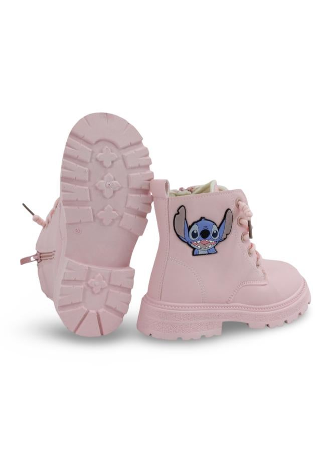 Girls Leather Half Boots – Pink with Stitch Design - Image 3