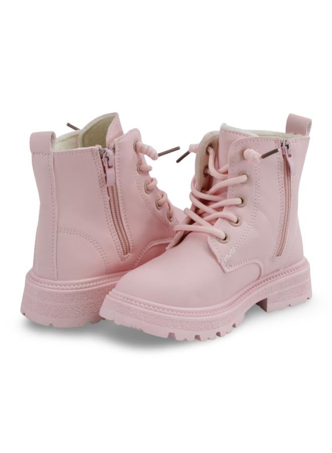 Girls Leather Half Boots – Pink with Stitch Design - Image 2