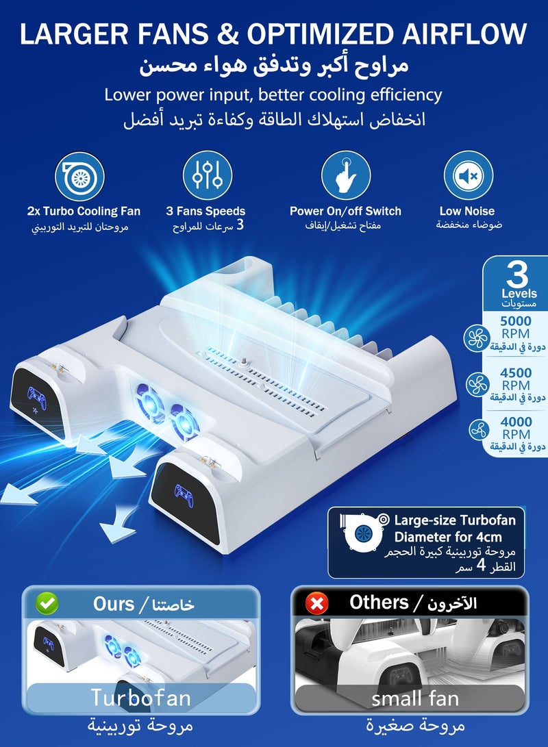 دوبي حامل تبريد قياسي/سمين/محترف لجهاز PS5 مع قاعدة شحن مزدوجة لوحدات التحكم مع ضوء LED، حامل عمودي مع تخزين لأقراص الألعاب وملحقات لجهاز بلاي ستيشن 5. - Image 2
