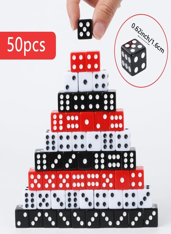 Hxezoc 50 Pieces Dice Set 16mm Standard Game Dices with Black White Red Acrylic 6 Sided Colored Bulk Casino Dice for Casino Theme Party Board Games Vegas Birthday Party Supplies (Square Corner) - Image 2