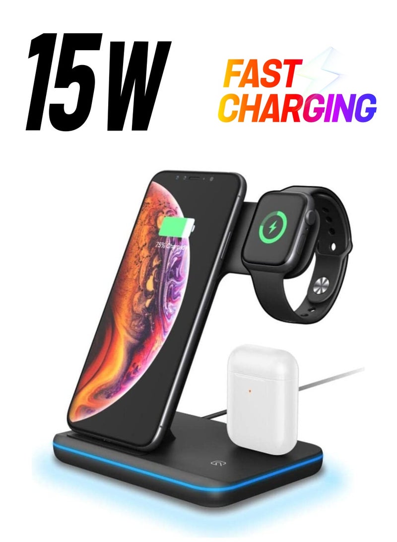 3-In-1 Fast Wireless Charger | Wireless Charging Station 15W Qi Fast Wireless Charger Stand Mainly Compatible For Smart phones | Smart watches  - Image 1