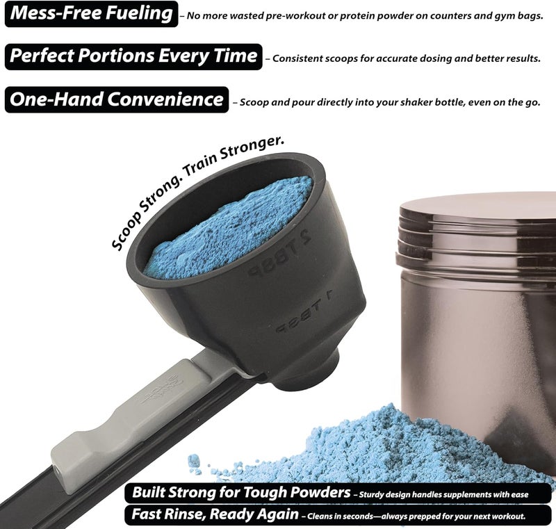 Slide Scoop the original measuring scoop + funnel No spill preparation of protein powder, workout & sports drinks, baby formula & kcup refill Mess & Spill free - (Set of 1 & 2 Tablespoon) - Image 3