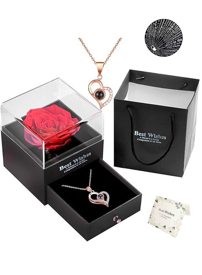 مكعب جي مجموعة هدايا مصنوعة يدويًا من وردة حقيقية محفوظة مع قلادة على شكل قلب، أحبك بـ 100 لغة، مناسبة للأم/الابنة/الزوجة، لحفلات الزفاف/أعياد الميلاد والمزيد - Image 1