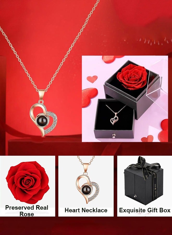 مكعب جي مجموعة هدايا مصنوعة يدويًا من وردة حقيقية محفوظة مع قلادة على شكل قلب، أحبك بـ 100 لغة، مناسبة للأم/الابنة/الزوجة، لحفلات الزفاف/أعياد الميلاد والمزيد - Image 2