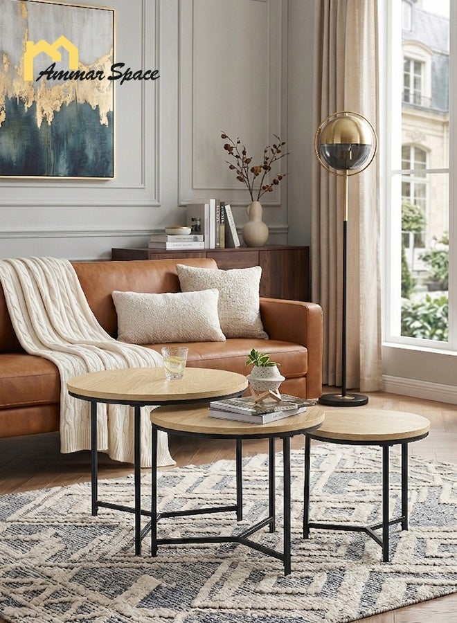 Ammar Space 3PCS Round Nesting Coffee Table Set, Wooden Side Tables with Metal Frame, Modern End Table Set for Living Room, Space Saving Stackable Tables - Image 2