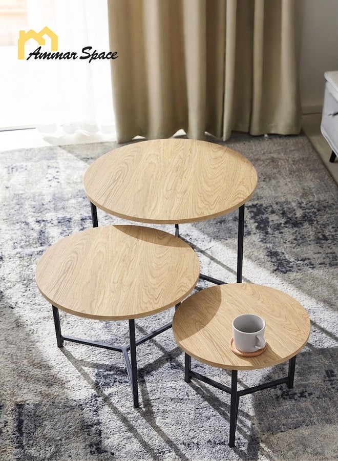 Ammar Space 3PCS Round Nesting Coffee Table Set, Wooden Side Tables with Metal Frame, Modern End Table Set for Living Room, Space Saving Stackable Tables - Image 1
