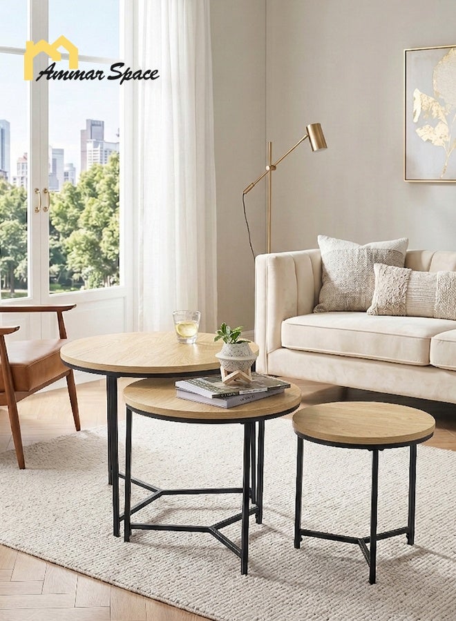 Ammar Space 3PCS Round Nesting Coffee Table Set, Wooden Side Tables with Metal Frame, Modern End Table Set for Living Room, Space Saving Stackable Tables - Image 3