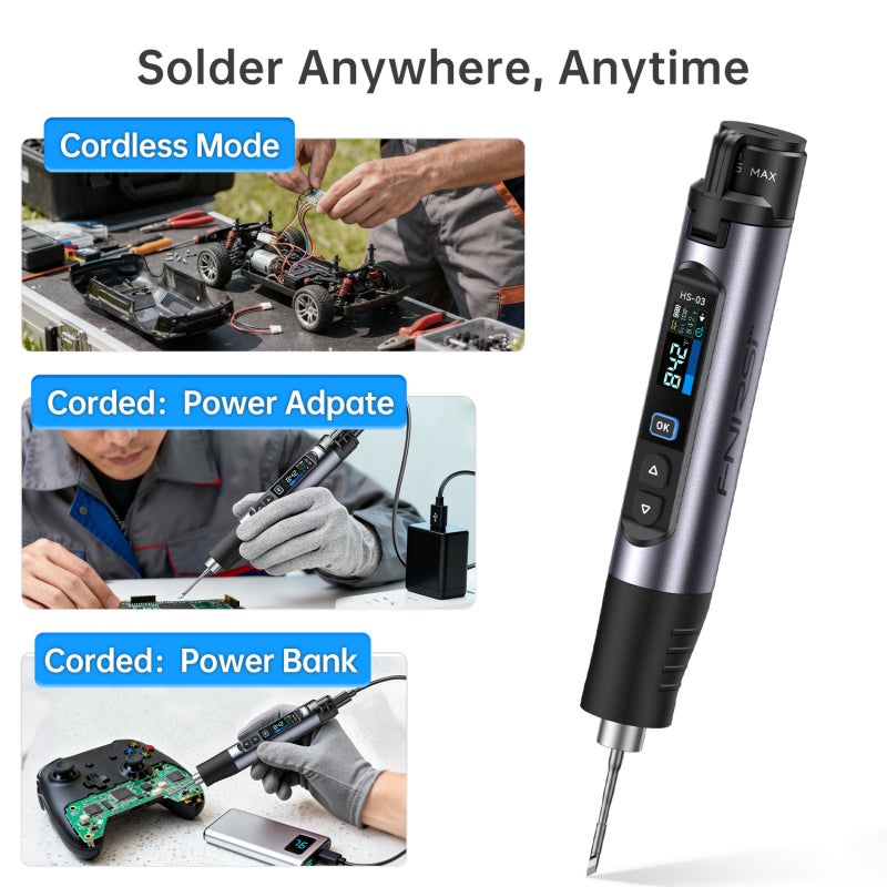 FNIRSI HS-03 Cordless Soldering Iron with 2600mAh Replaceable Battery, USB-C Fast Charging, 7-Second Heat-Up, 100-450°C Adjustable Temperature, PID Control, 3 Soldering Tips for Electronics Repair & DIY - Image 5