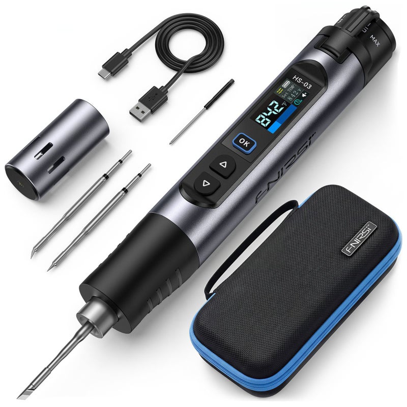 FNIRSI HS-03 Cordless Soldering Iron with 2600mAh Replaceable Battery, USB-C Fast Charging, 7-Second Heat-Up, 100-450°C Adjustable Temperature, PID Control, 3 Soldering Tips for Electronics Repair & DIY - Image 1