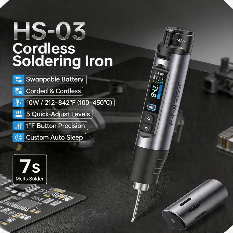 FNIRSI HS-03 Cordless Soldering Iron with 2600mAh Replaceable Battery, USB-C Fast Charging, 7-Second Heat-Up, 100-450°C Adjustable Temperature, PID Control, 3 Soldering Tips for Electronics Repair & DIY - Image 2