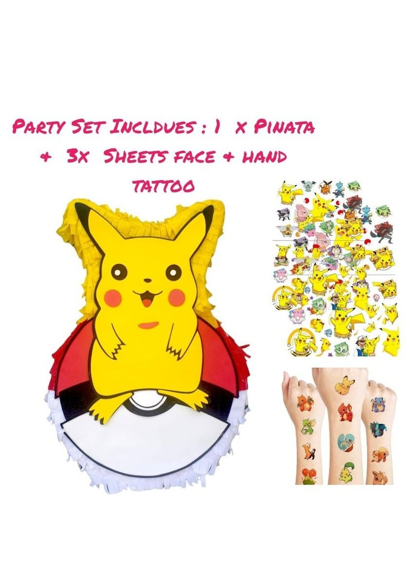 Tamona Pokémon Themed Pinata, Party Favors Kids, Party Supplies Decorations, Fillable Candy Favors, Indoor & Outdoor Celebrations Interactive Cartoon, Pikachu Customized Pinata with Assorted Stickers Tattoo  - Image 2