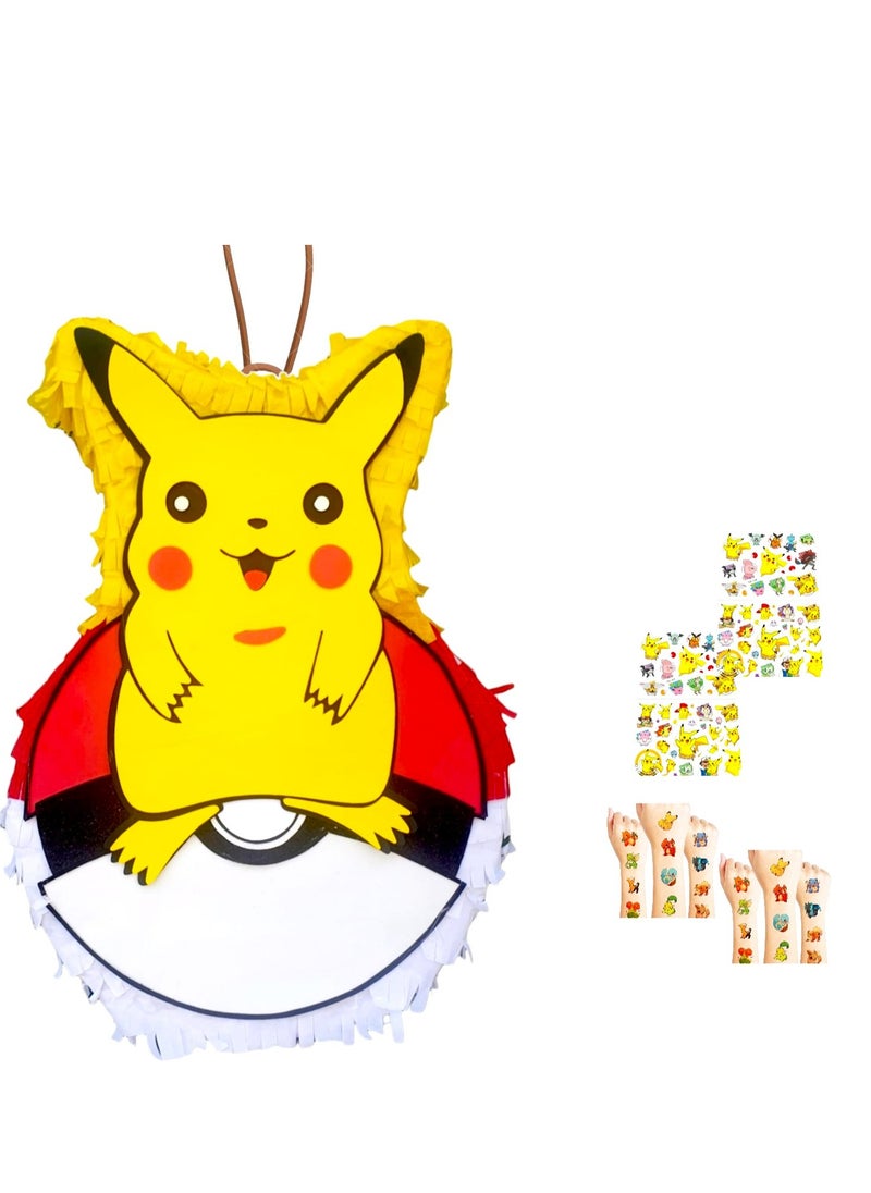 Tamona Pokémon Themed Pinata, Party Favors Kids, Party Supplies Decorations, Fillable Candy Favors, Indoor & Outdoor Celebrations Interactive Cartoon, Pikachu Customized Pinata with Assorted Stickers Tattoo  - Image 1