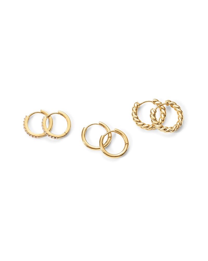 PAVOI 18K Yellow Gold Plated 925 Sterling Silver Posts 3 Pairs Small Hoop Earrings for Women - Cubic Zirconia Plain Rope Huggie Hoops Pack - Lightweight Earrings Set - Image 4