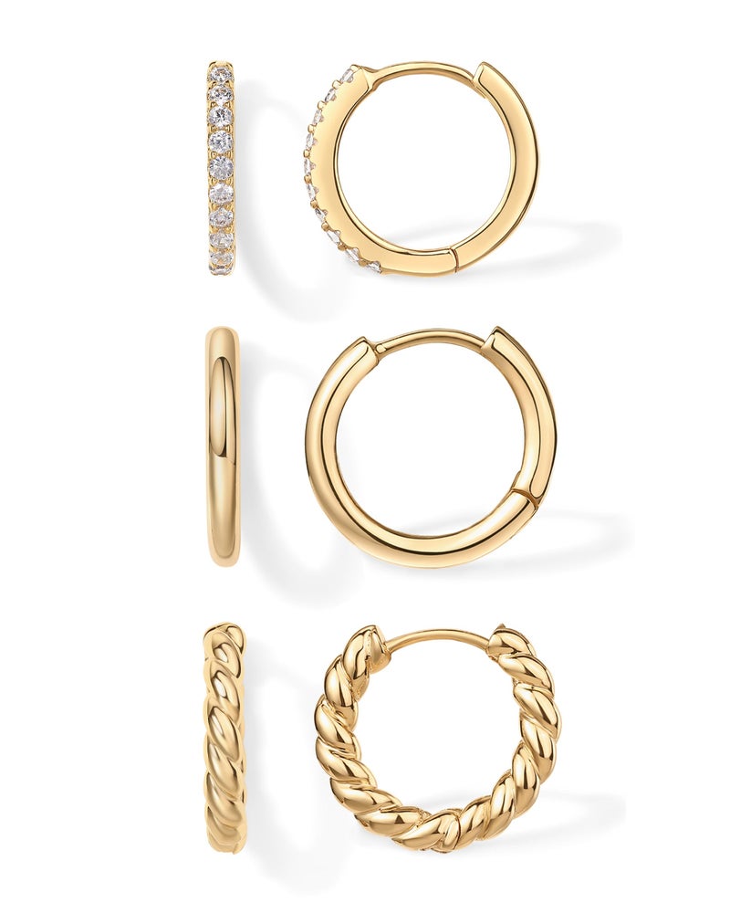 PAVOI 18K Yellow Gold Plated 925 Sterling Silver Posts 3 Pairs Small Hoop Earrings for Women - Cubic Zirconia Plain Rope Huggie Hoops Pack - Lightweight Earrings Set - Image 1