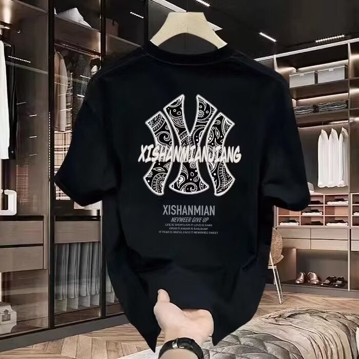 New Printed Men'S Short-Sleeved T-Shirt Trendy Street Distinctive Half-Sleeved Summer Pure Cotton Round Neck Shoulder T-Shirt Daily - Image 1