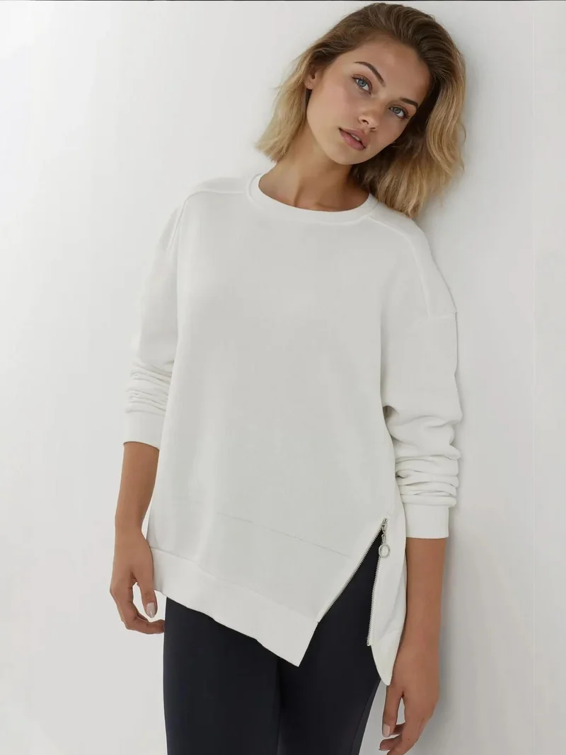 HICCUP Textured Crew Neck Sweatshirt with Zipper Detail Busem Collection