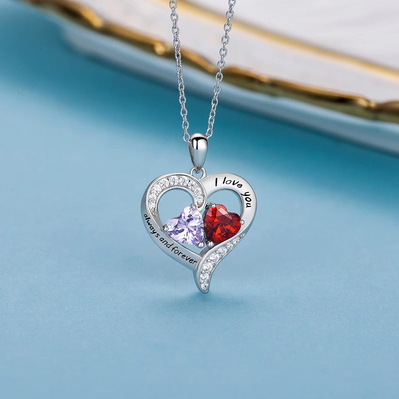 BlingGem قلائد بلينغ جيم للنساء من الفضة الإسترلينية مع قلادة قلب مخصصة مع 2 حجر ميلاد مخصص 5A زركونيا مكعبة أحبك دائماً وإلى الأبد هدية للنساء الأم الزوجة - Image 4