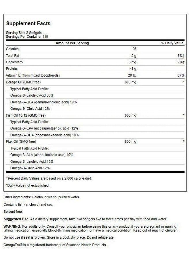 Swanson MultiOmega 3-6-9 - Non-GMO Flax Oil, Borage Oil, & Fish Oil Capsules - Essential Fatty Acids Supporting Cardiovascular Health & Brain Health - (220 Softgels, 2400mg Serving) - Image 2