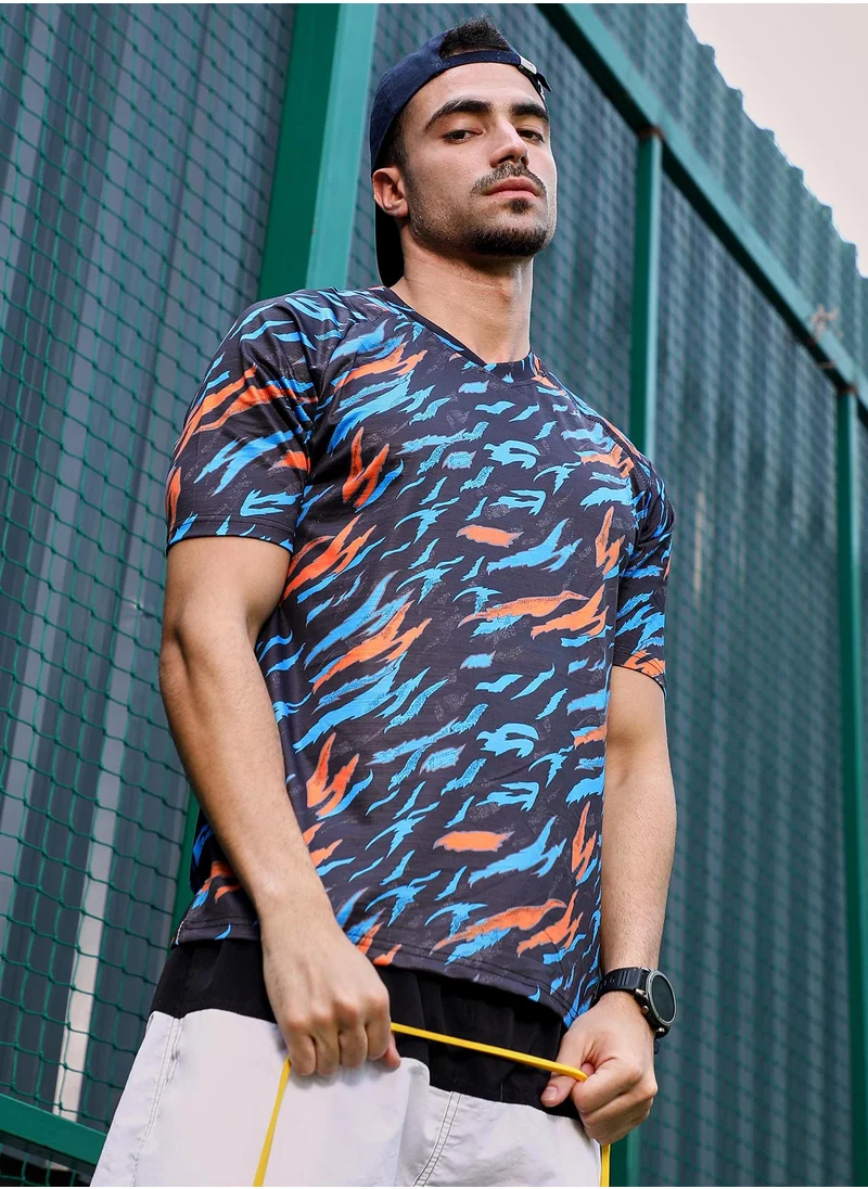 Campus Sutra Campus Sutra Men's Sky Blue & Charcoal Black Block-Swirl Activewear T-Shirt For Casual Wear | V-Neck | Short Sleeves | Jersey T-Shirt Crafted With Comfort Fit For Everyday Wear