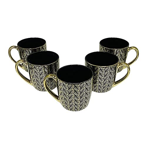 Lvook Premium Bone China Tea Cup Black Gold Check Coffee Mug and Set o f-6 (Color-Gold&Black) Size-200 ml - Image 1