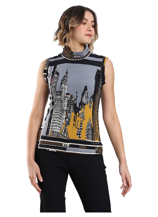 Esla Chic Urban Landscape Print Sleeveless Turtleneck Top  - Image 1
