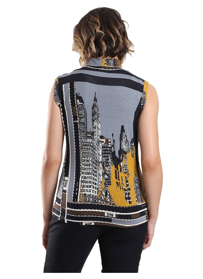 Esla Chic Urban Landscape Print Sleeveless Turtleneck Top  - Image 3