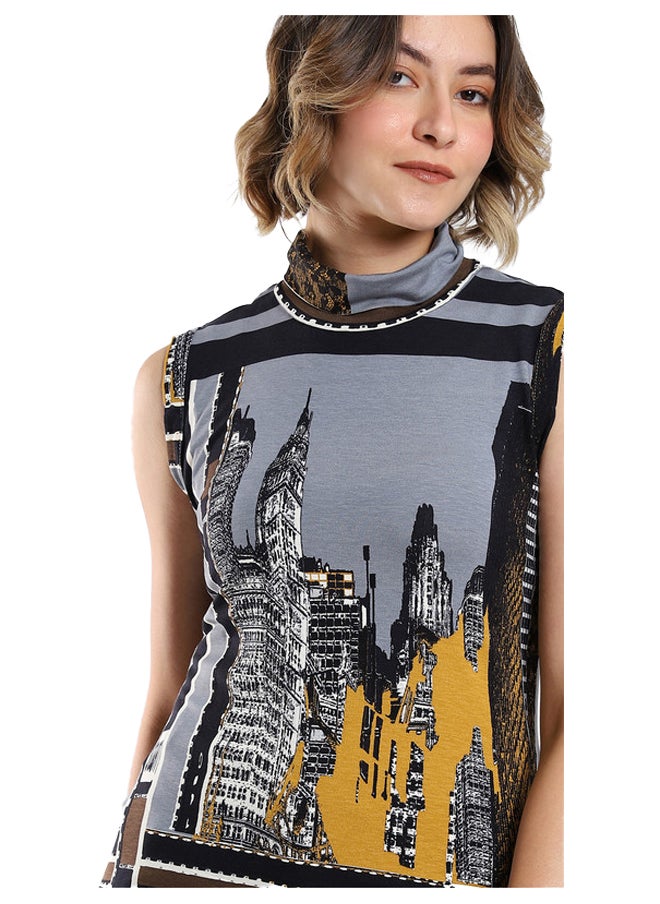 Esla Chic Urban Landscape Print Sleeveless Turtleneck Top  - Image 4