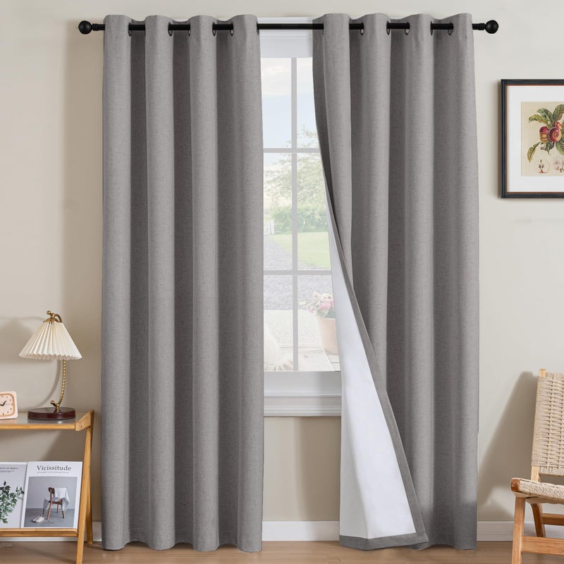 H.VERSAILTEX Linen Curtains 100% Blackout Curtains for Bedroom 96 inch Long Full Light Blocking Nature Linen Blended Window Curtains for Living Room Nickel Grommet (2 Panels  Heathered Dove) - Image 1