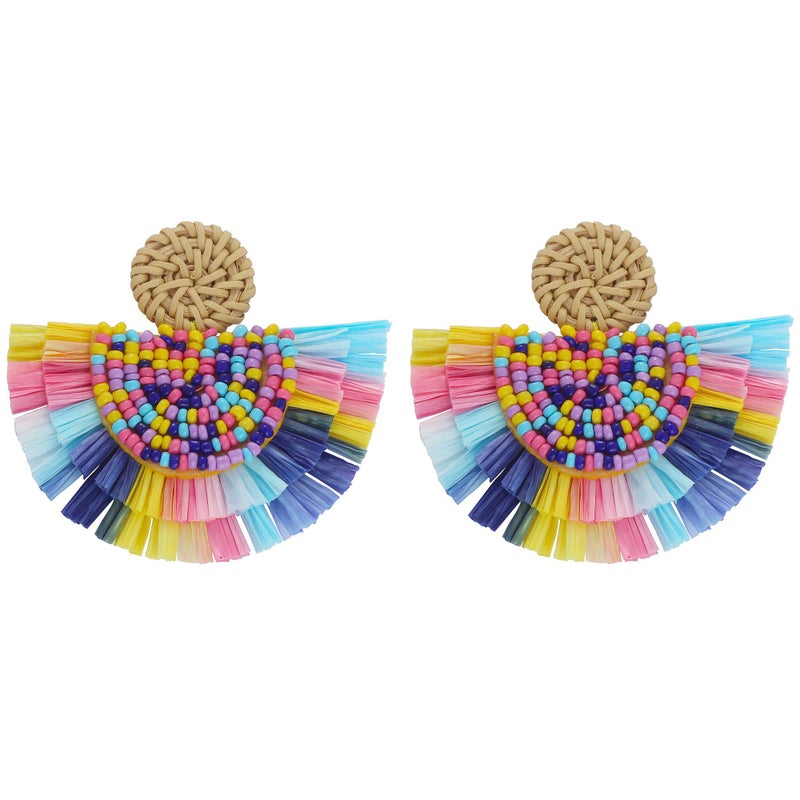 COIRIS Bohemia Beaded Fringe Statement Earrings with Long Dangling Tassel Raffia Earrings for Women(ER1183-Mix Small) - Image 1