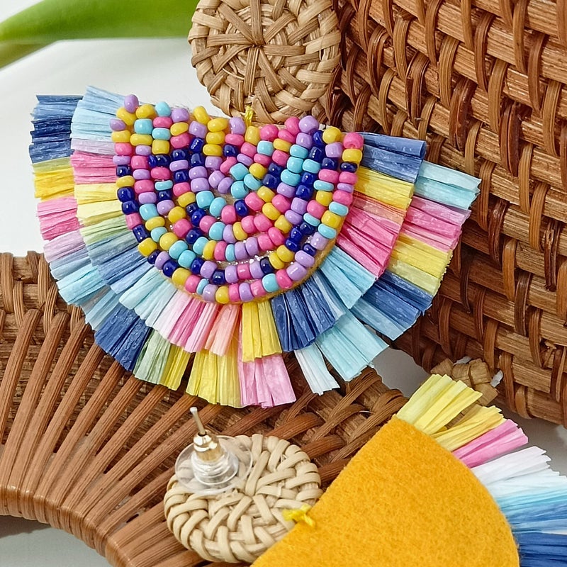 COIRIS Bohemia Beaded Fringe Statement Earrings with Long Dangling Tassel Raffia Earrings for Women(ER1183-Mix Small) - Image 3