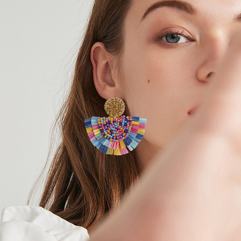 COIRIS Bohemia Beaded Fringe Statement Earrings with Long Dangling Tassel Raffia Earrings for Women(ER1183-Mix Small) - Image 4