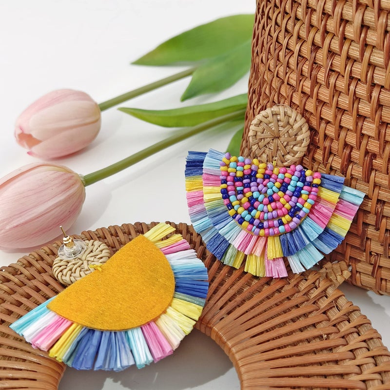 COIRIS Bohemia Beaded Fringe Statement Earrings with Long Dangling Tassel Raffia Earrings for Women(ER1183-Mix Small) - Image 2