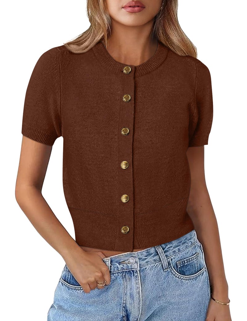 Kistore Women's Casual Summer Short Sleeve Sweater Cardigan Ribbed Knit Crew Neck Light Crop Basic Cardigan Tops Brown Medium - Image 1