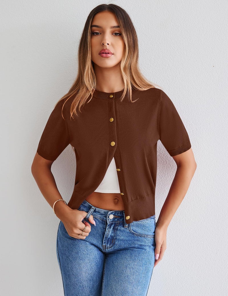 Kistore Women's Casual Summer Short Sleeve Sweater Cardigan Ribbed Knit Crew Neck Light Crop Basic Cardigan Tops Brown Medium - Image 3