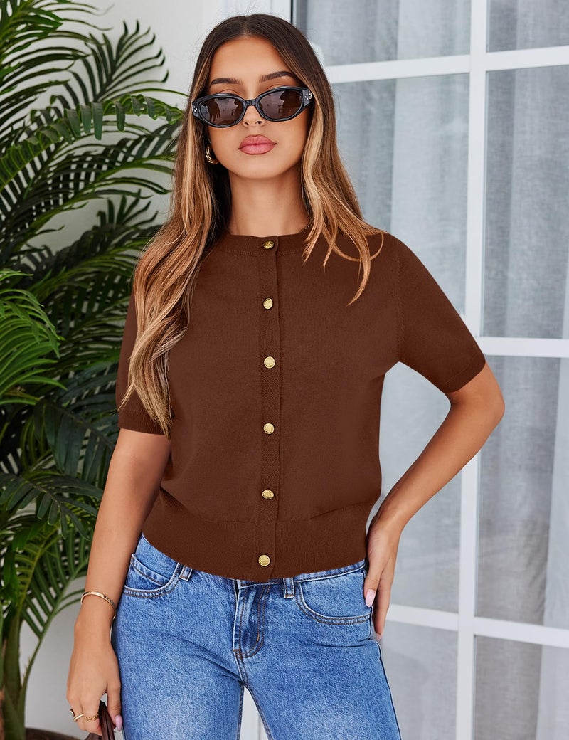 Kistore Women's Casual Summer Short Sleeve Sweater Cardigan Ribbed Knit Crew Neck Light Crop Basic Cardigan Tops Brown Medium - Image 5