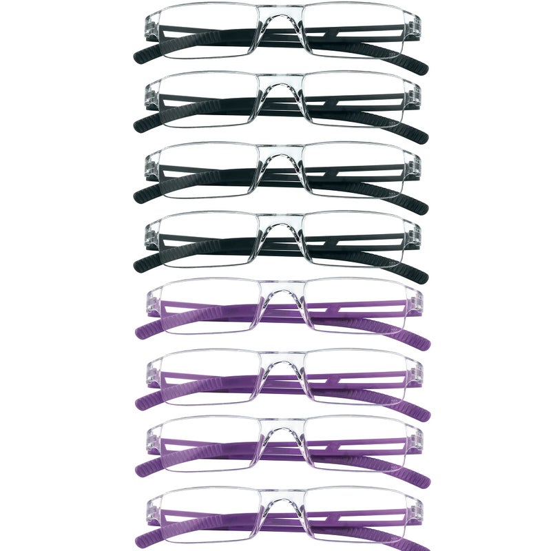 VisionGlobal 8 Pairs Reading Glasses  Blue Light Blocking Glasses  Computer Reading Glasses for Women and Men  Fashion Square Eyewear Frame (4black+4purple +2.50 Magnification) - Image 1