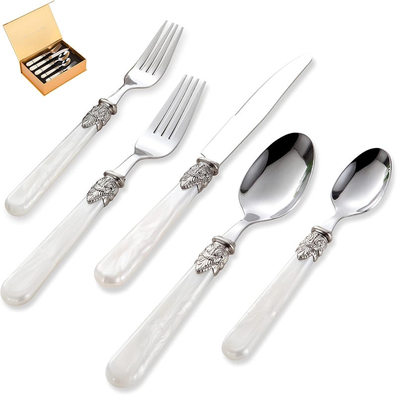 CATHYLIN 20 pieces Stainless Steel Vintage Flatware Sets With White HanldSilverware Set For 4Dishware Safe20 White - Image 1